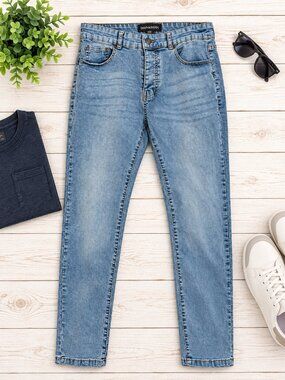 BoohooMAN Men’s 32S Light Wash Slim Straight Jeans Blue Denim
